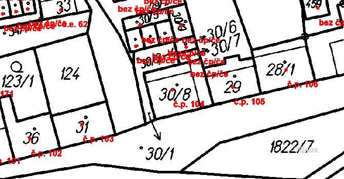 Oloví 104 na parcele st. 30/8 v KÚ Oloví, Katastrální mapa