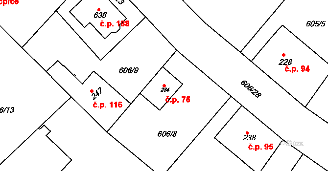 Čachovice 75 na parcele st. 284 v KÚ Čachovice, Katastrální mapa