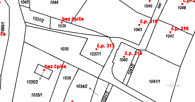 Suchdol nad Lužnicí 317 na parcele st. 1037/1 v KÚ Suchdol nad Lužnicí, Katastrální mapa