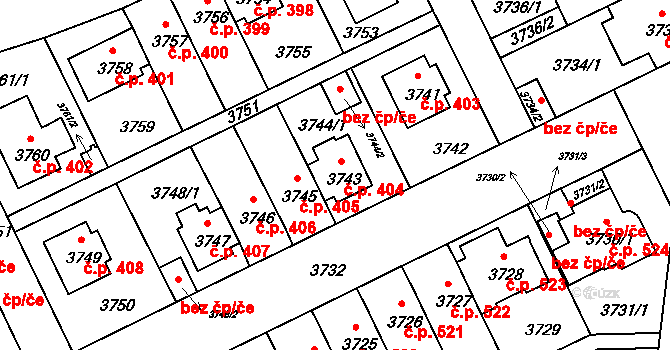 Záběhlice 404, Praha na parcele st. 3743 v KÚ Záběhlice, Katastrální mapa