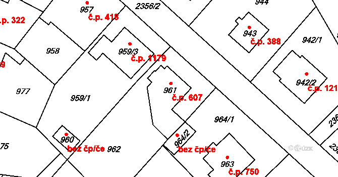 Suchdol 607, Praha na parcele st. 961 v KÚ Suchdol, Katastrální mapa