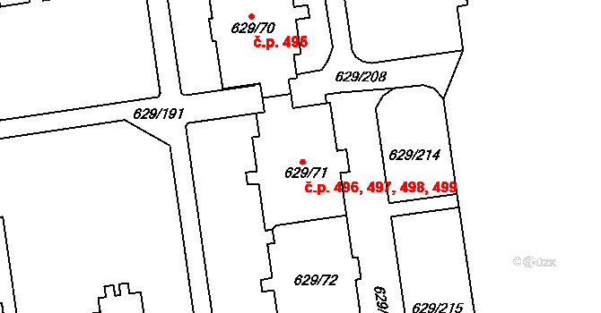 Letňany 496,497,498,499, Praha na parcele st. 629/71 v KÚ Letňany, Katastrální mapa