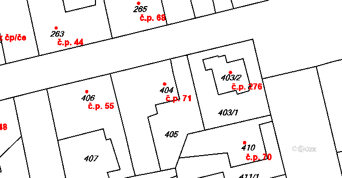 Horní Měcholupy 71, Praha na parcele st. 404 v KÚ Horní Měcholupy, Katastrální mapa