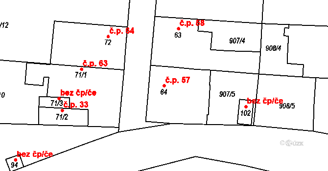 Měňany 57 na parcele st. 64 v KÚ Měňany, Katastrální mapa