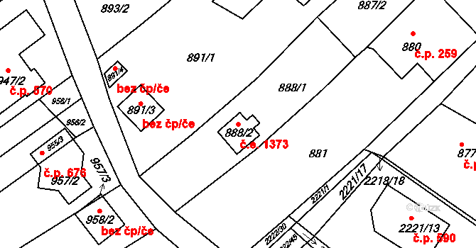 Krásné Pole 1373, Ostrava na parcele st. 888/2 v KÚ Krásné Pole, Katastrální mapa