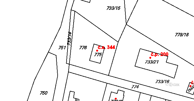 Horákov 344, Mokrá-Horákov na parcele st. 775 v KÚ Horákov, Katastrální mapa