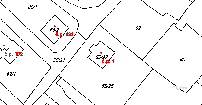 Sadov 1 na parcele st. 55/37 v KÚ Sadov, Katastrální mapa