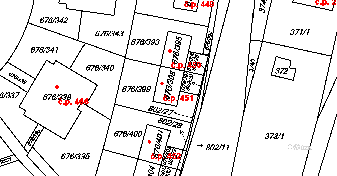 Zličín 451, Praha na parcele st. 676/398 v KÚ Zličín, Katastrální mapa