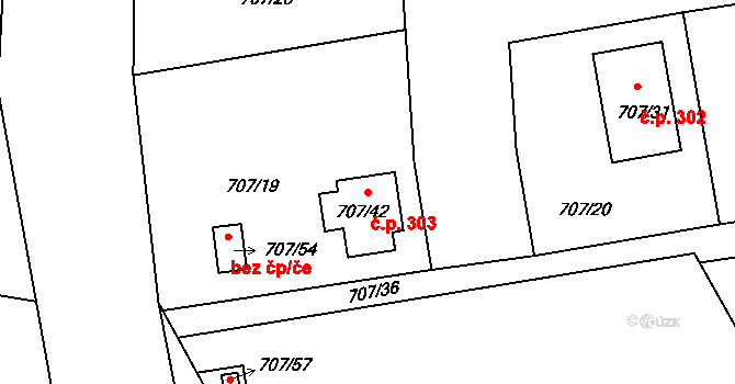 Černé Budy 303, Sázava na parcele st. 707/42 v KÚ Černé Budy, Katastrální mapa