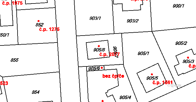 Modřany 2077, Praha na parcele st. 905/8 v KÚ Modřany, Katastrální mapa