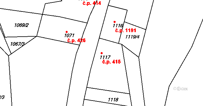 Jemnice 415 na parcele st. 1117 v KÚ Jemnice, Katastrální mapa