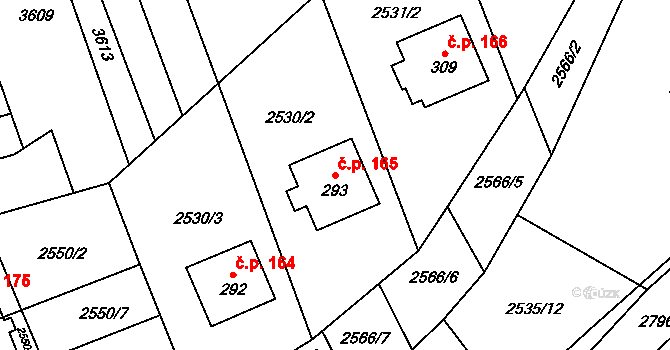 Sehradice 165 na parcele st. 293 v KÚ Sehradice, Katastrální mapa