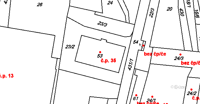 Brteč 35, Vysoké Mýto na parcele st. 53 v KÚ Brteč, Katastrální mapa