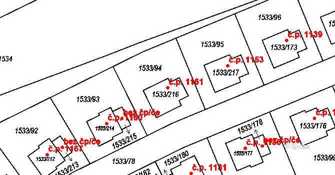 Řeporyje 1161, Praha na parcele st. 1533/216 v KÚ Řeporyje, Katastrální mapa