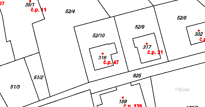 Hrabová 47 na parcele st. 316 v KÚ Hrabová u Dubicka, Katastrální mapa