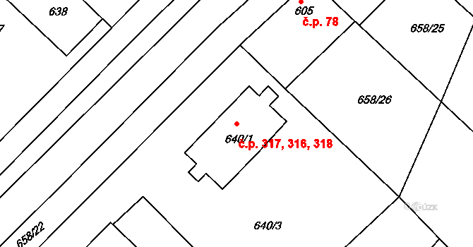 Březí 316,317,318 na parcele st. 640/1 v KÚ Březí u Mikulova, Katastrální mapa