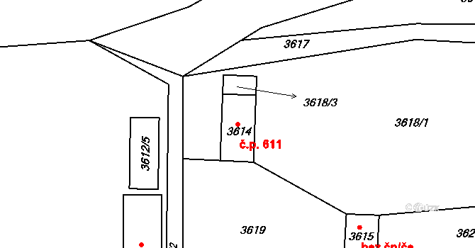 Hustopeče 611 na parcele st. 3614 v KÚ Hustopeče u Brna, Katastrální mapa
