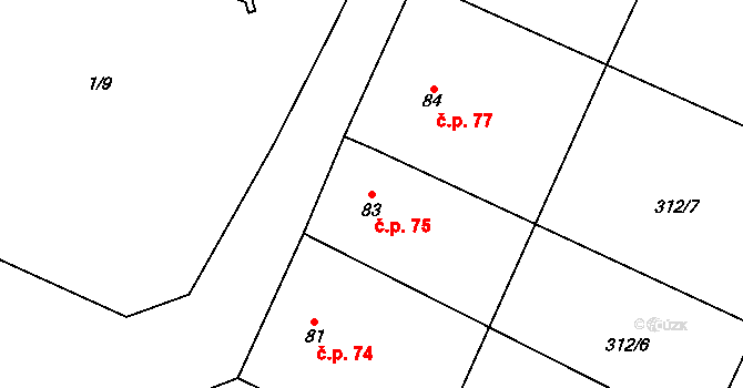 Běhařovice 75 na parcele st. 83 v KÚ Běhařovice, Katastrální mapa