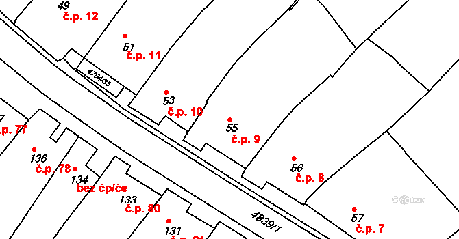Vémyslice 9 na parcele st. 55 v KÚ Vémyslice, Katastrální mapa