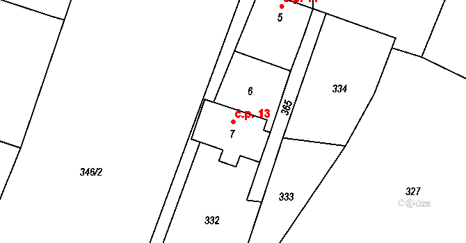 Zderadinky 13, Kácov na parcele st. 7 v KÚ Zderadinky, Katastrální mapa