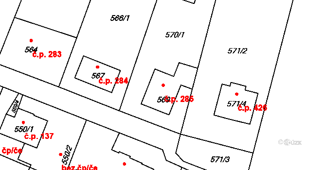 Sázava 285 na parcele st. 569 v KÚ Sázava, Katastrální mapa