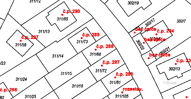 Hrdějovice 288 na parcele st. 311/60 v KÚ Hrdějovice, Katastrální mapa