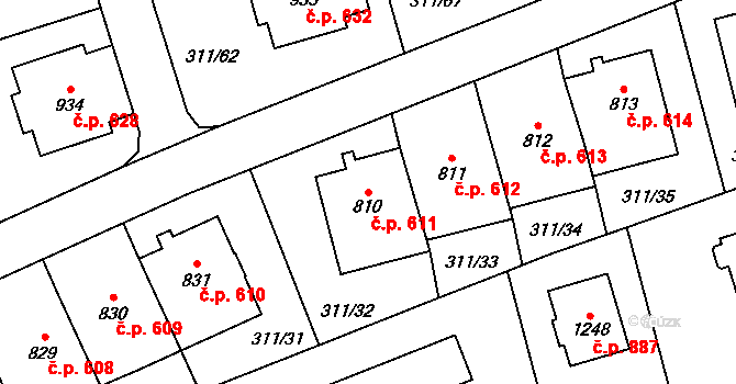 Horoměřice 611 na parcele st. 810 v KÚ Horoměřice, Katastrální mapa