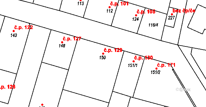 Hospozín 129 na parcele st. 150 v KÚ Hospozín, Katastrální mapa