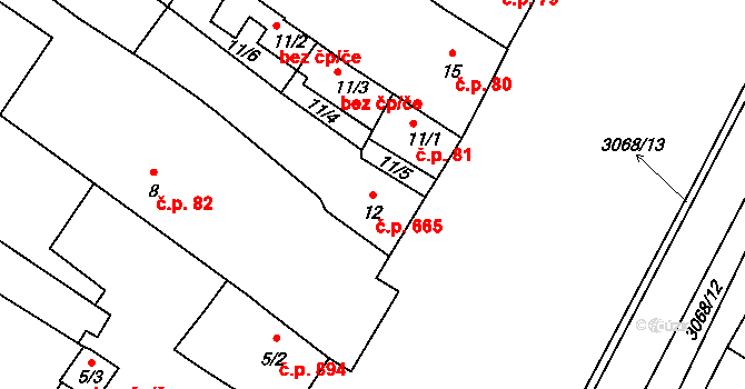 Lužice 665 na parcele st. 12 v KÚ Lužice u Hodonína, Katastrální mapa