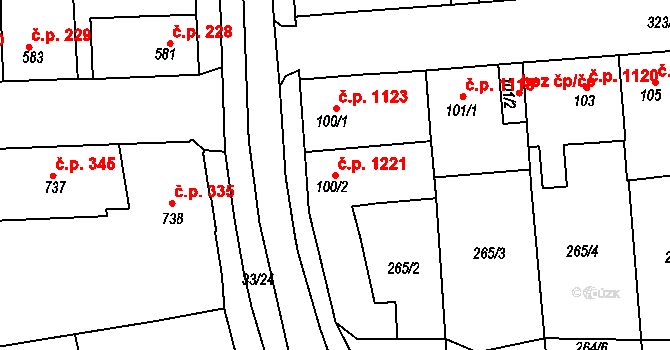 Švermov 1221, Kladno na parcele st. 100/2 v KÚ Hnidousy, Katastrální mapa