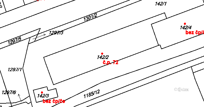 Tuchlovice 72 na parcele st. 142/2 v KÚ Tuchlovice, Katastrální mapa