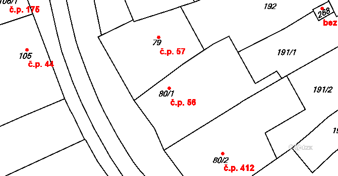Senice na Hané 56 na parcele st. 80/1 v KÚ Senice na Hané, Katastrální mapa