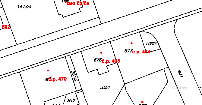 Rožnov pod Radhoštěm 483 na parcele st. 676 v KÚ Rožnov pod Radhoštěm, Katastrální mapa