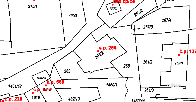 Horka-Domky 258, Třebíč na parcele st. 303/2 v KÚ Třebíč, Katastrální mapa