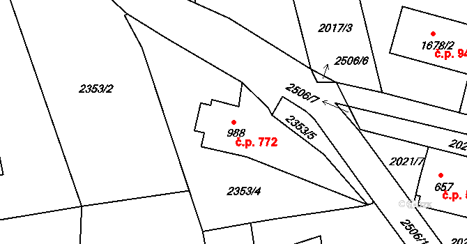 Pacov 772 na parcele st. 988 v KÚ Pacov, Katastrální mapa