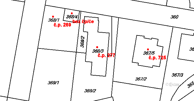 Kunratice 277, Praha na parcele st. 368/3 v KÚ Kunratice, Katastrální mapa