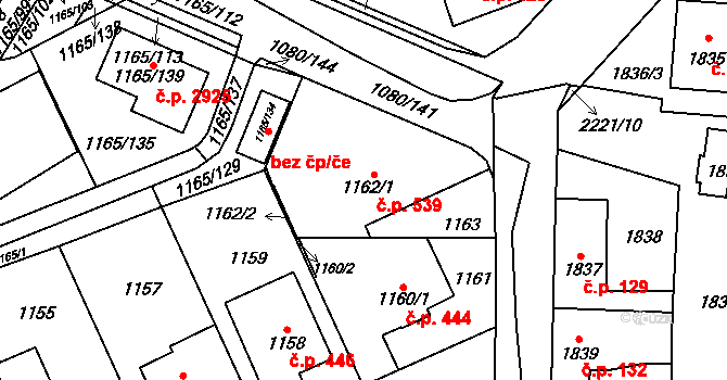 Stodůlky 539, Praha na parcele st. 1162/1 v KÚ Stodůlky, Katastrální mapa