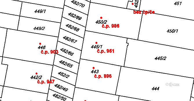 Mutěnice 951 na parcele st. 445/1 v KÚ Mutěnice, Katastrální mapa