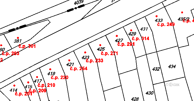 Podolí 271 na parcele st. 425 v KÚ Podolí u Brna, Katastrální mapa