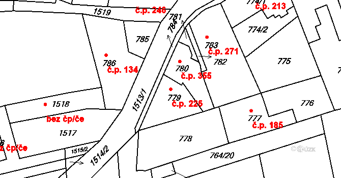 Týnec nad Labem 225 na parcele st. 779 v KÚ Týnec nad Labem, Katastrální mapa