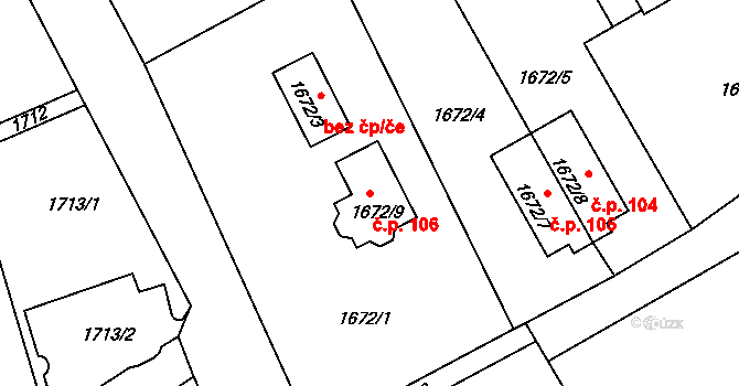 Šluknov 106 na parcele st. 1672/9 v KÚ Šluknov, Katastrální mapa