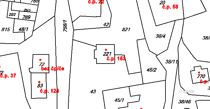 Bítovčice 153 na parcele st. 221 v KÚ Horní Bítovčice, Katastrální mapa