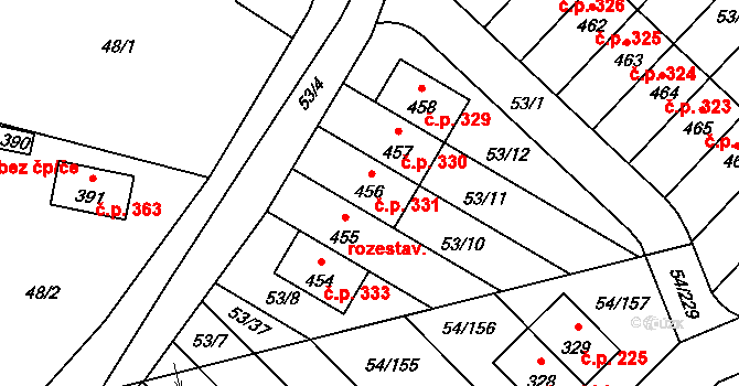 Postřižín 331 na parcele st. 456 v KÚ Postřižín, Katastrální mapa