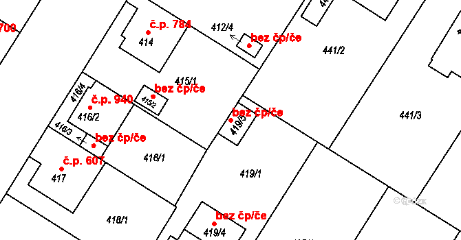 Plzeň 49263749 na parcele st. 419/5 v KÚ Bolevec, Katastrální mapa