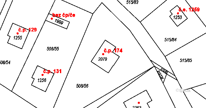 Hradištko 174 na parcele st. 2079 v KÚ Hradištko pod Medníkem, Katastrální mapa