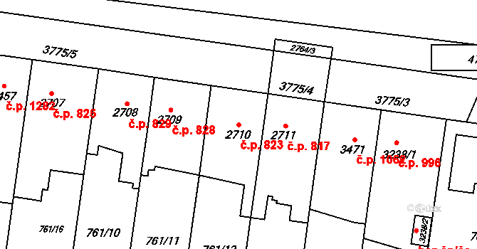 Bílé Předměstí 823, Pardubice na parcele st. 2710 v KÚ Pardubice, Katastrální mapa