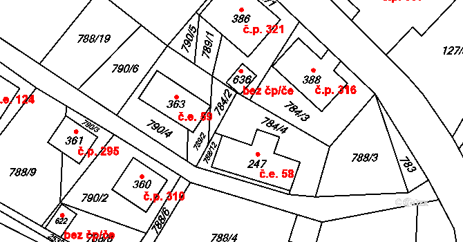 Tisá 58 na parcele st. 247 v KÚ Tisá, Katastrální mapa