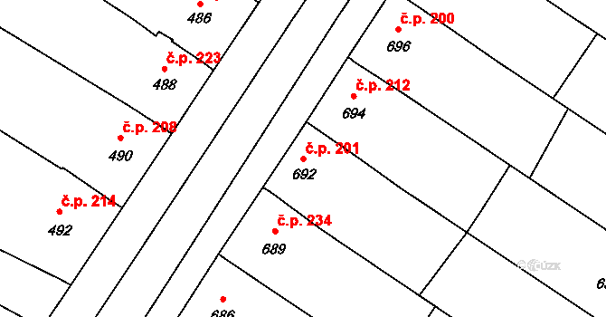 Moravský Žižkov 201 na parcele st. 692 v KÚ Moravský Žižkov, Katastrální mapa