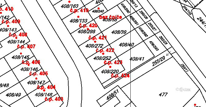 Dobšice 423 na parcele st. 408/252 v KÚ Dobšice u Znojma, Katastrální mapa