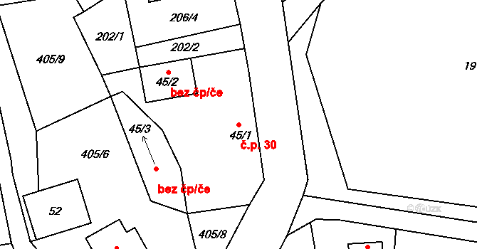 Hranice IX-Uhřínov 30, Hranice na parcele st. 45/1 v KÚ Uhřínov u Hranic, Katastrální mapa